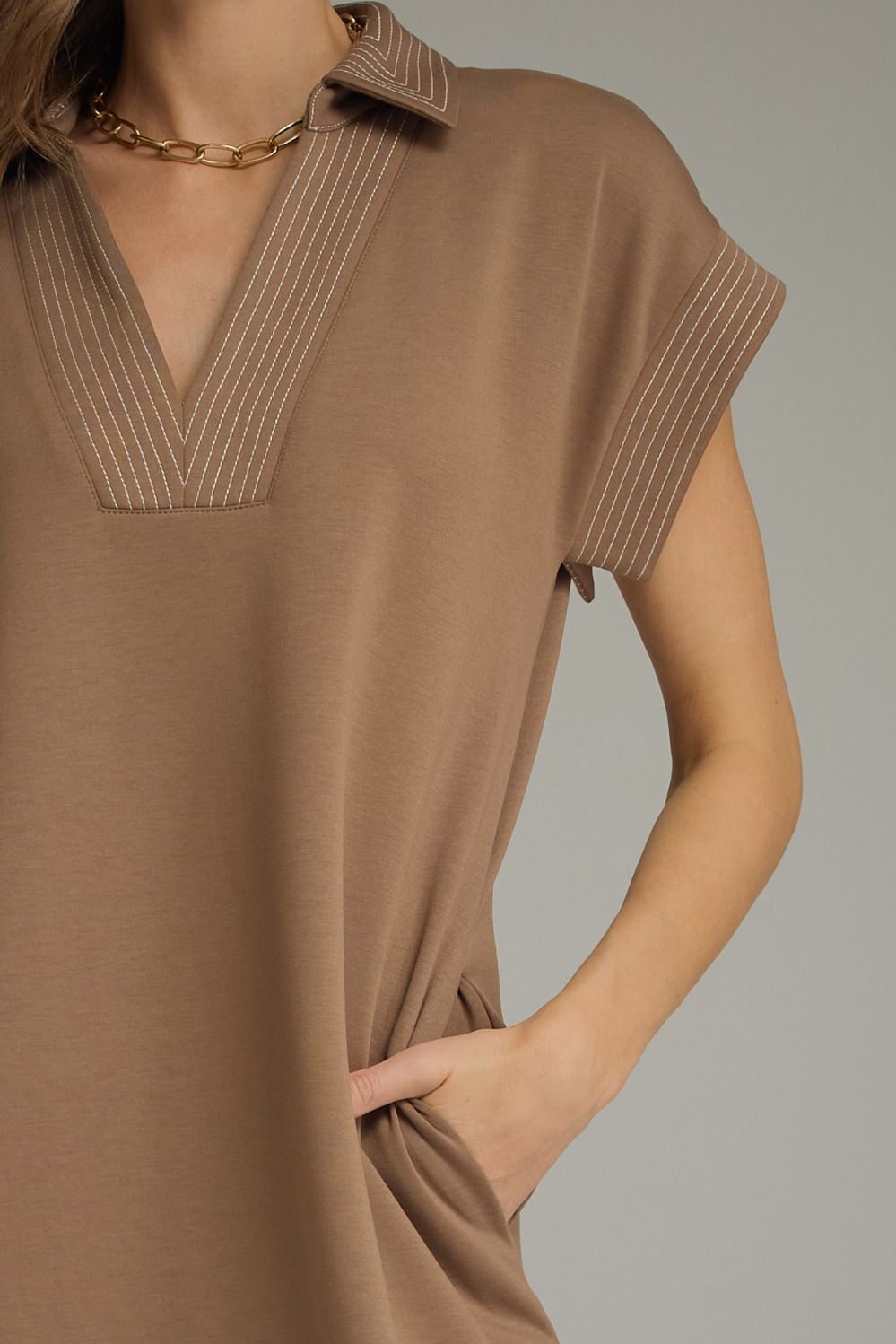ENTRO INC Women's Dress Solid Collared Short Sleeve Midi Dress