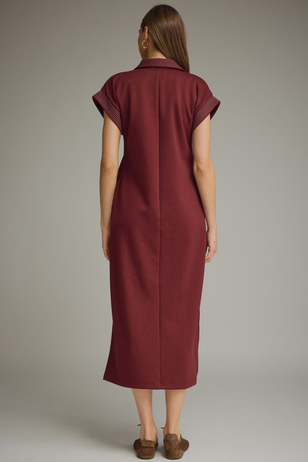 ENTRO INC Women's Dress Solid Collared Short Sleeve Midi Dress