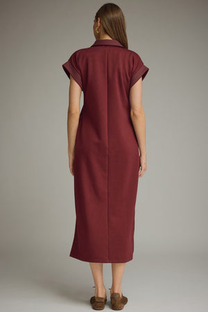 ENTRO INC Women's Dress Solid Collared Short Sleeve Midi Dress