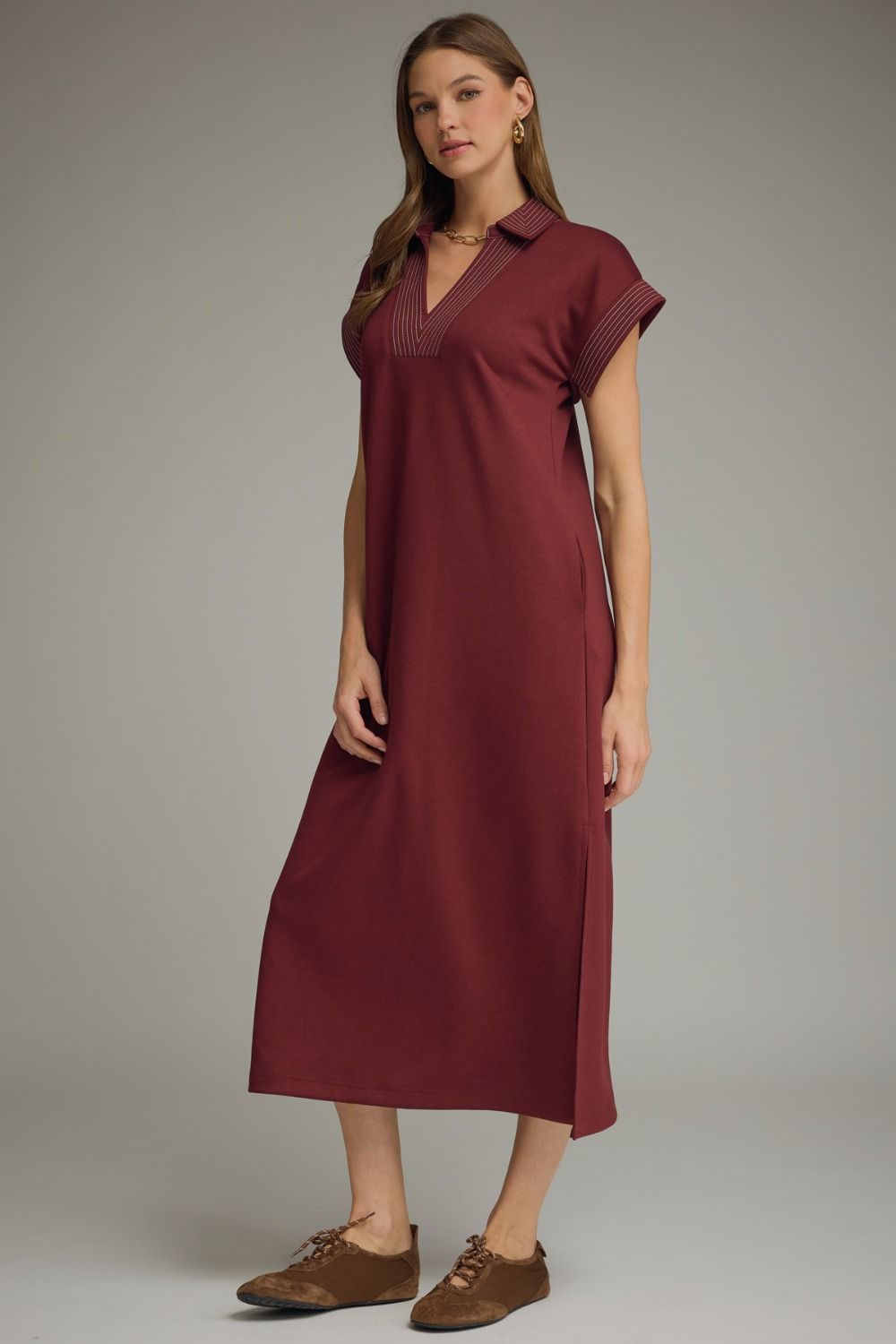 ENTRO INC Women's Dress Solid Collared Short Sleeve Midi Dress
