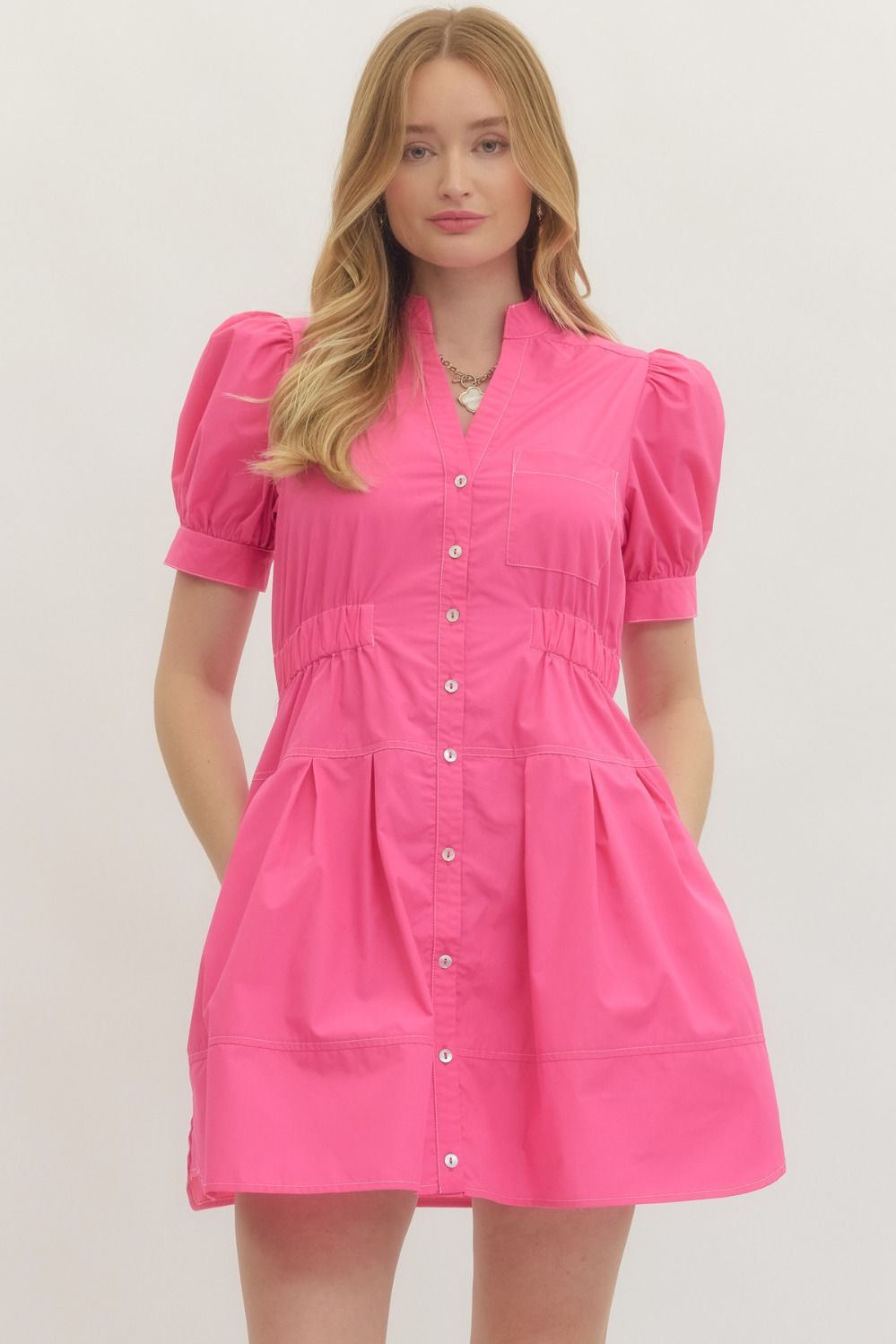 ENTRO INC Women's Dresses GREEN / S Solid short puff sleeve mini dress D29093