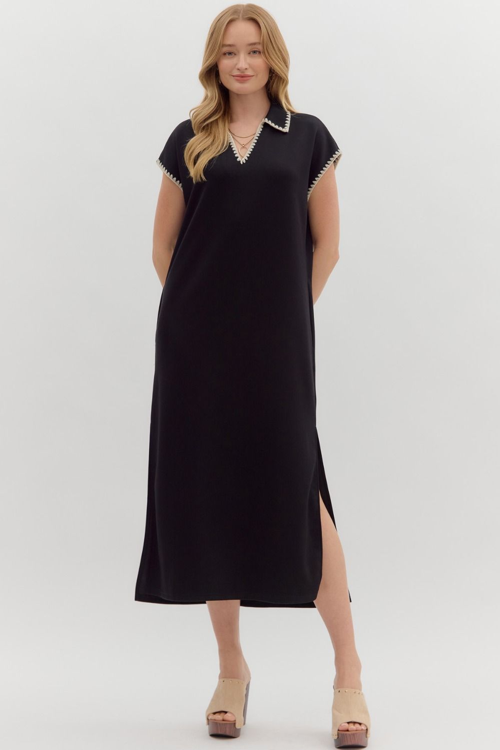 ENTRO INC Women's Dresses BLACK / S Solid Jersey Spread Collar Short Sleeve Side Slit Pullover Midi Dress D28108