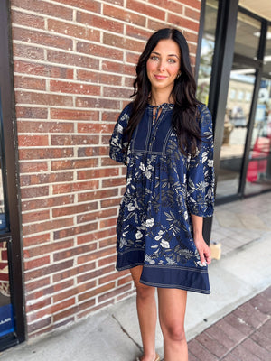 ENTRO INC Women's Dresses Botanical Print ¾ Sleeve Dress || David's Clothing