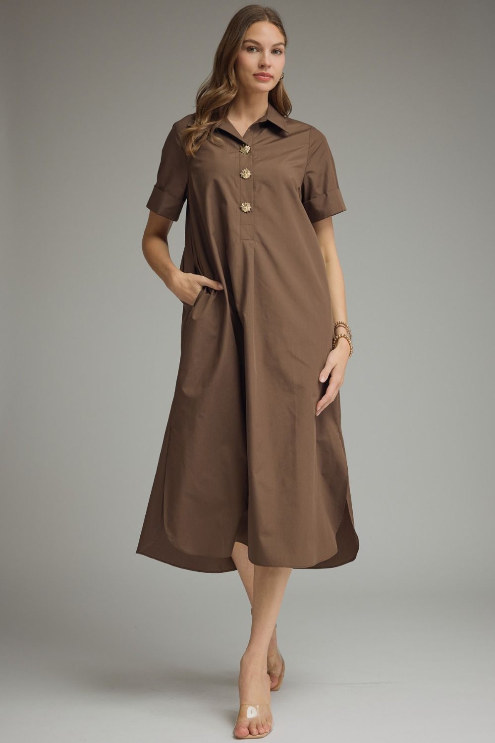 ENTRO INC Women's Dresses BROWN / S Gold Button Solid Short Sleeve Midi Dress D29516F