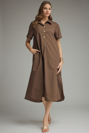 ENTRO INC Women's Dresses BROWN / S Gold Button Solid Short Sleeve Midi Dress D29516F
