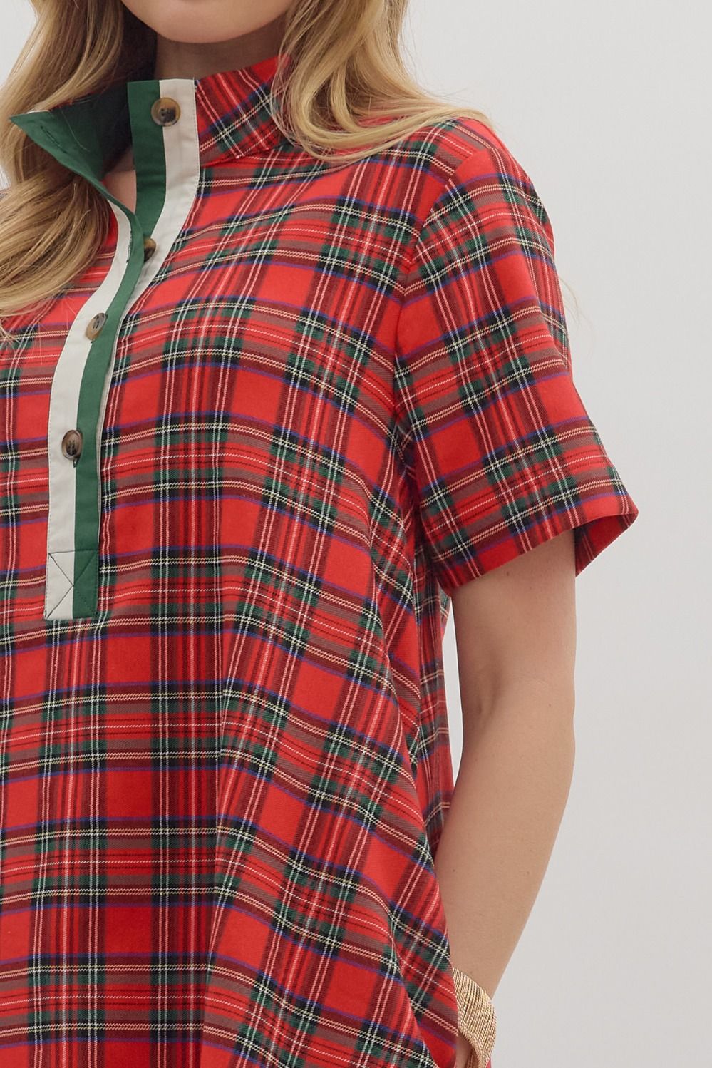 ENTRO INC Women's Dresses Christmas Plaid Short Sleeve Mini Dress