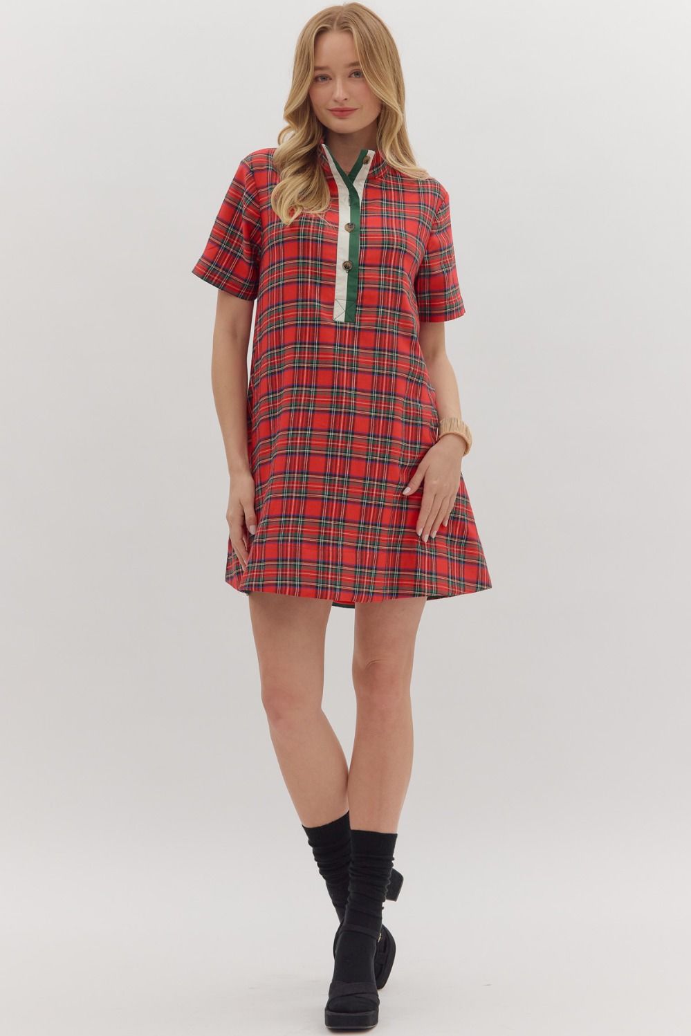 ENTRO INC Women's Dresses Christmas Plaid Short Sleeve Mini Dress