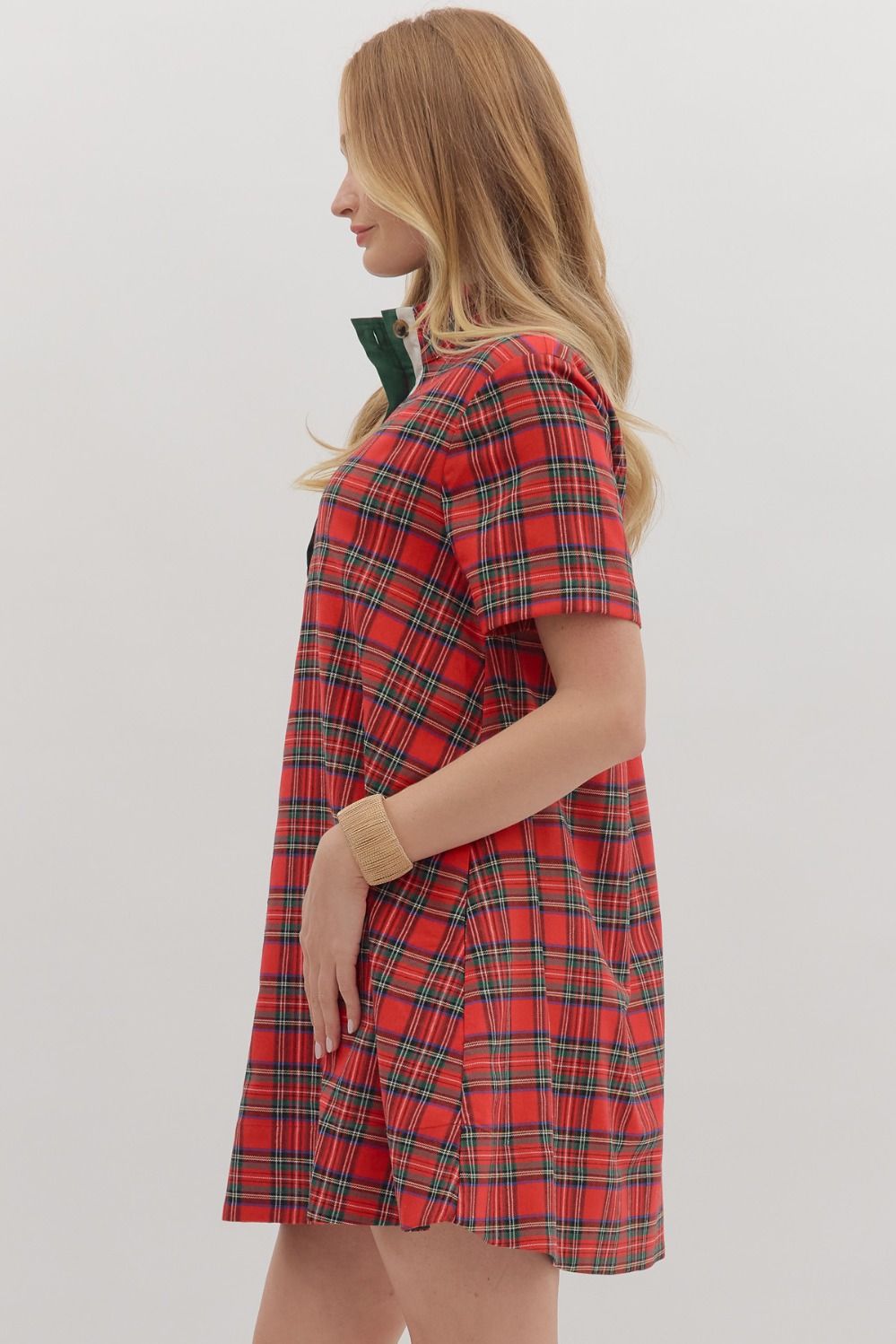 ENTRO INC Women's Dresses Christmas Plaid Short Sleeve Mini Dress