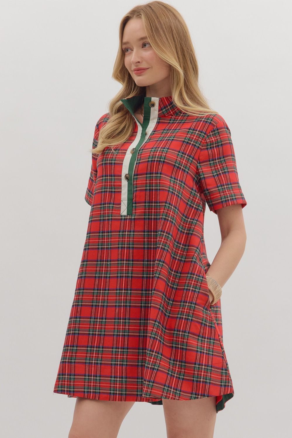 ENTRO INC Women's Dresses Christmas Plaid Short Sleeve Mini Dress