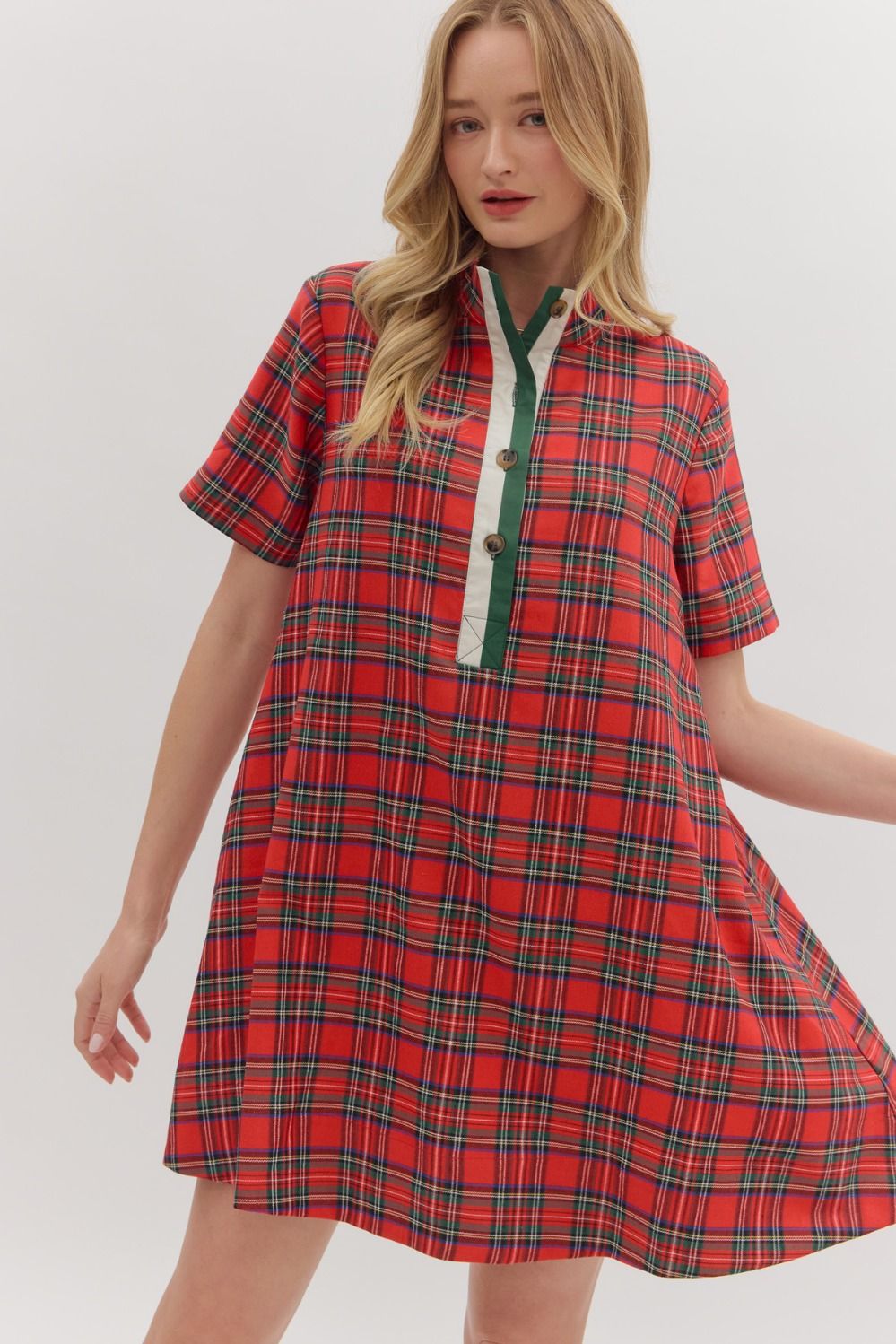 ENTRO INC Women's Dresses Christmas Plaid Short Sleeve Mini Dress