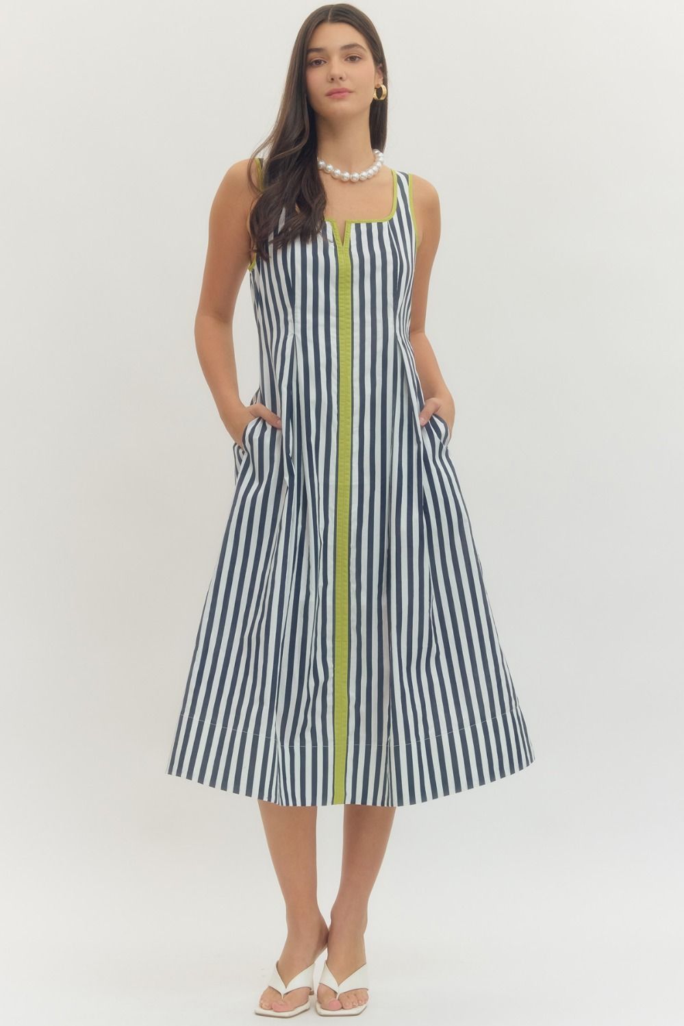 ENTRO INC Women's Dresses Contrast Trim Striped Sleeveless Midi Dress