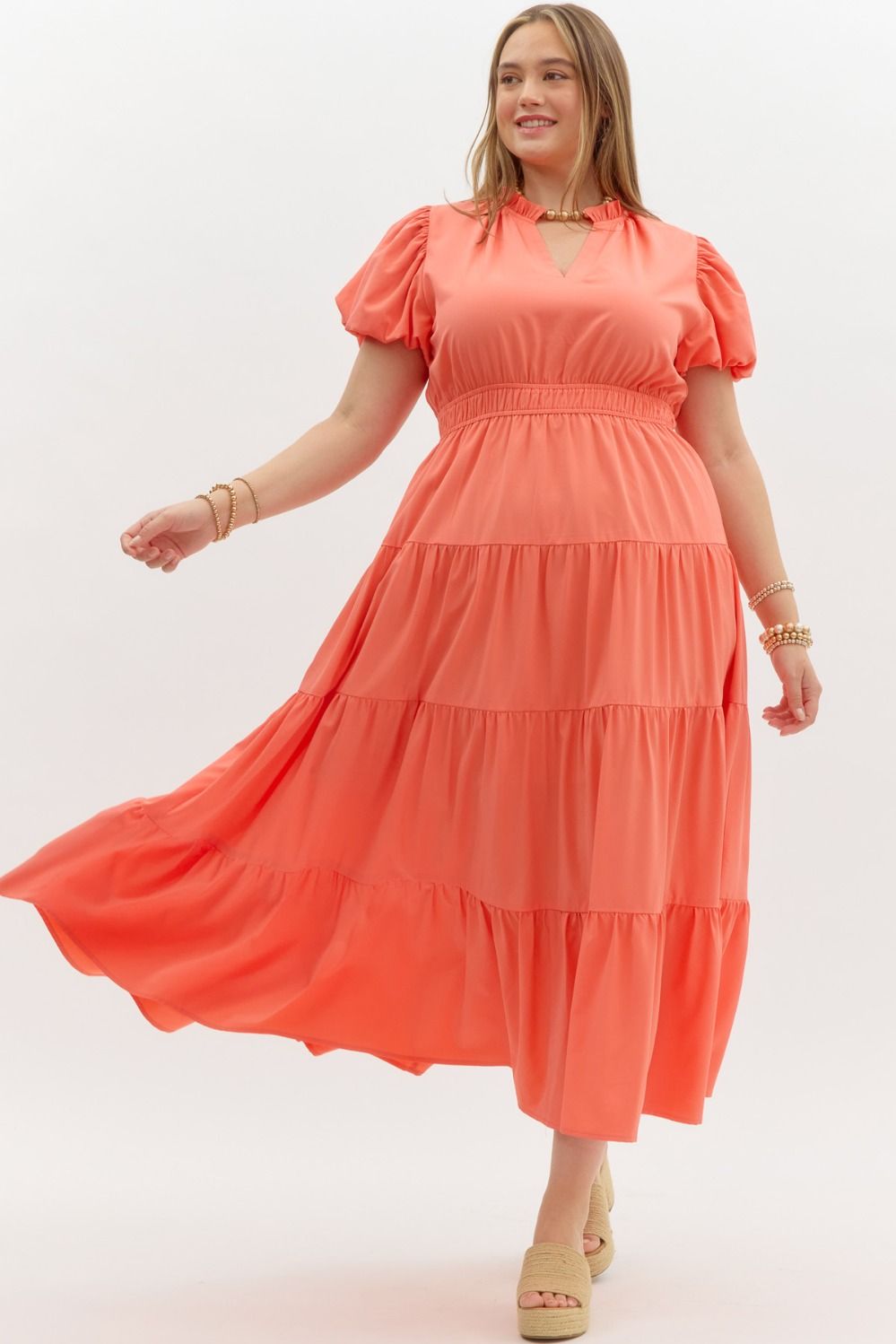 ENTRO INC Women's Dresses CORAL / S V-Neck Bubble Sleeve Tiered Midi Dress Plus Size || David's Clothing D20735P