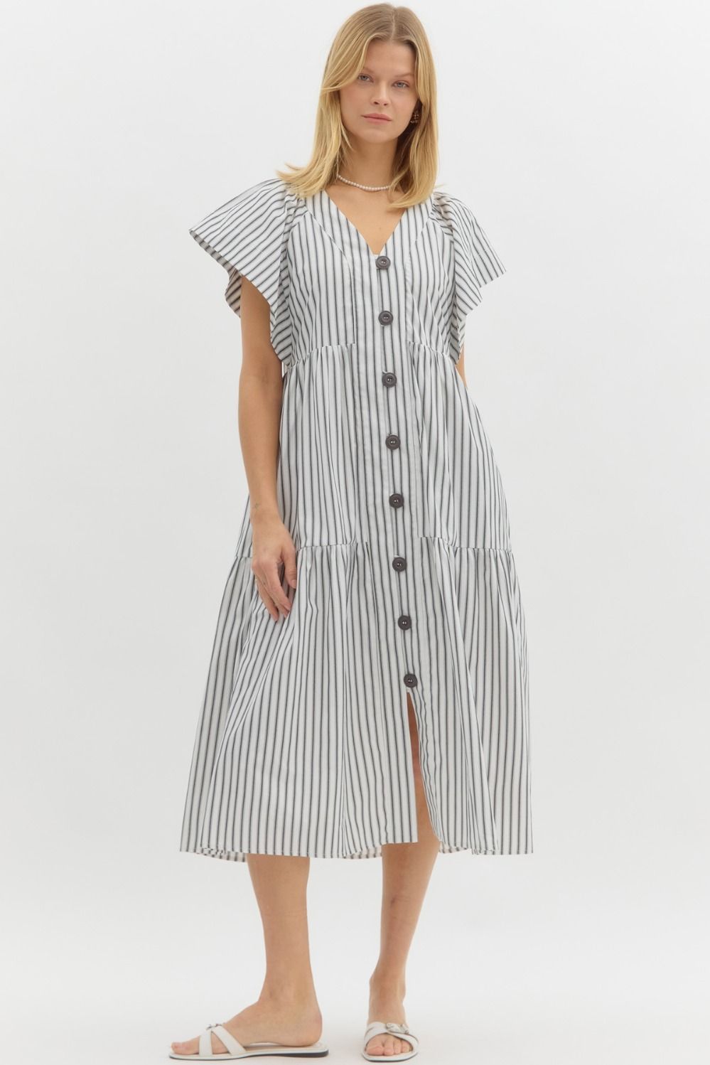 ENTRO INC Women's Dresses CREAM BLACK / S Striped Flutter Button Sleeve Midi Dress || David's Clothing D25665