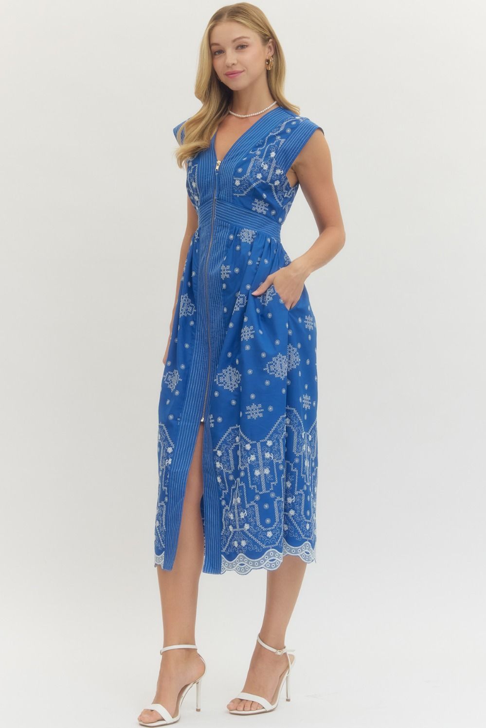 ENTRO INC Women's Dresses Embroidered Cap Sleeve Midi Dress