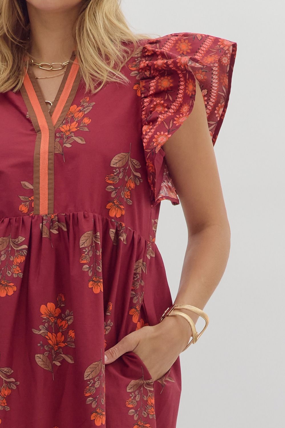 ENTRO INC Women's Dresses Floral Framed Border Pattern Flutter Sleeve Pullover Midi