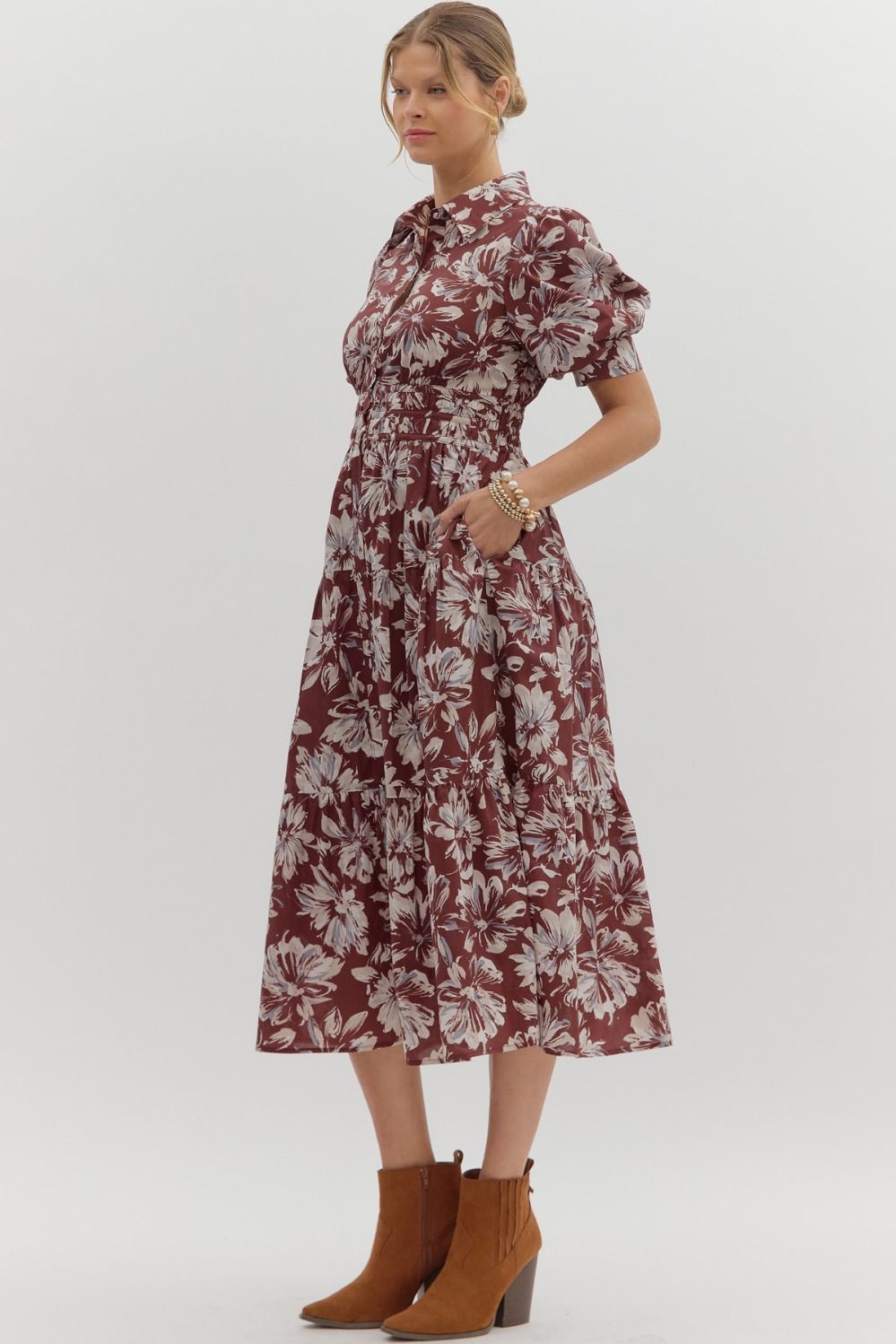 ENTRO INC Women's Dresses Floral Pattern Cuff Band Short Puff Sleeve Midi Dress || David's Clothing