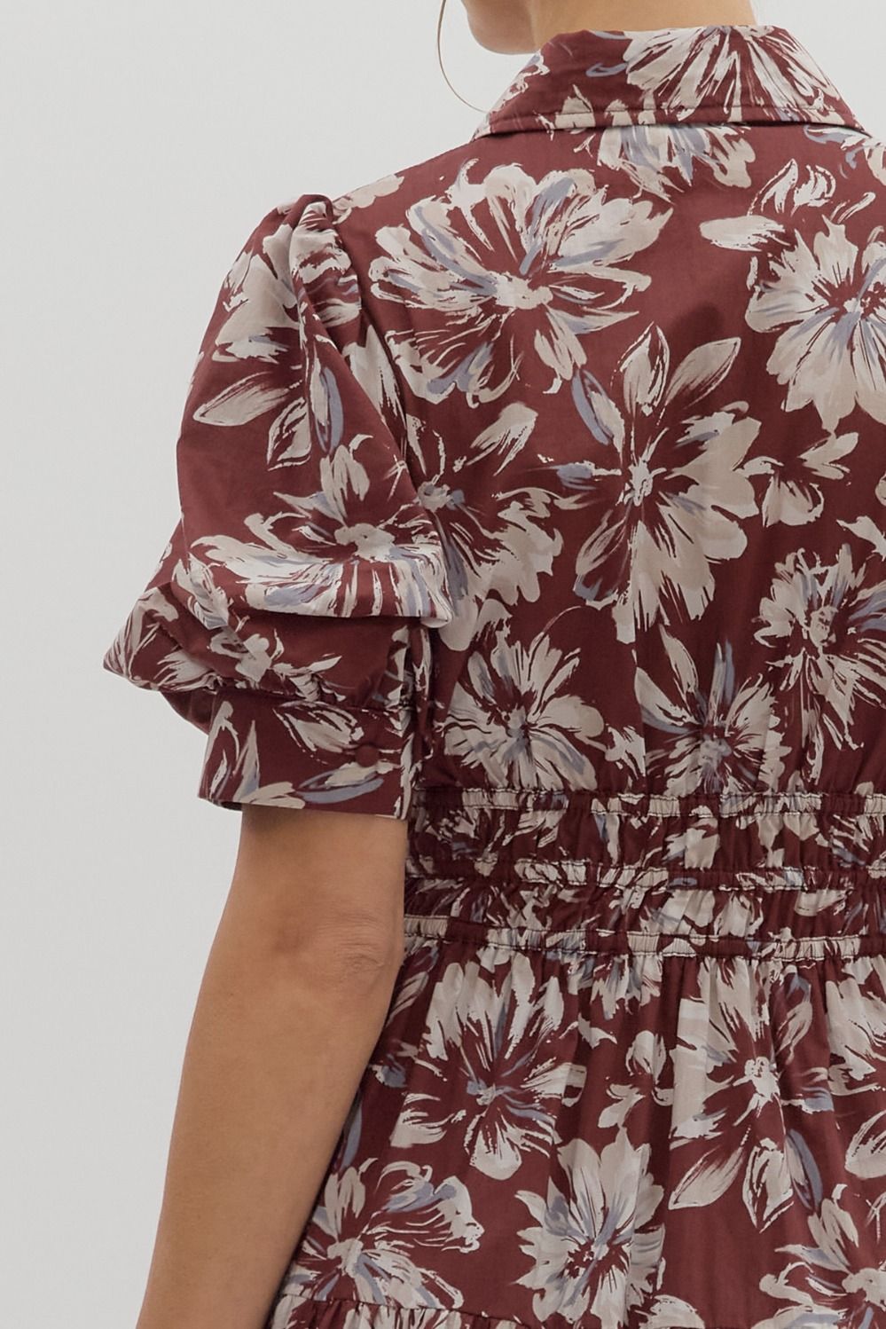 ENTRO INC Women's Dresses Floral Pattern Cuff Band Short Puff Sleeve Midi Dress || David's Clothing