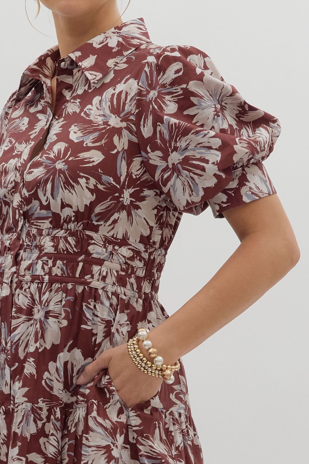 ENTRO INC Women's Dresses Floral Pattern Cuff Band Short Puff Sleeve Midi Dress || David's Clothing