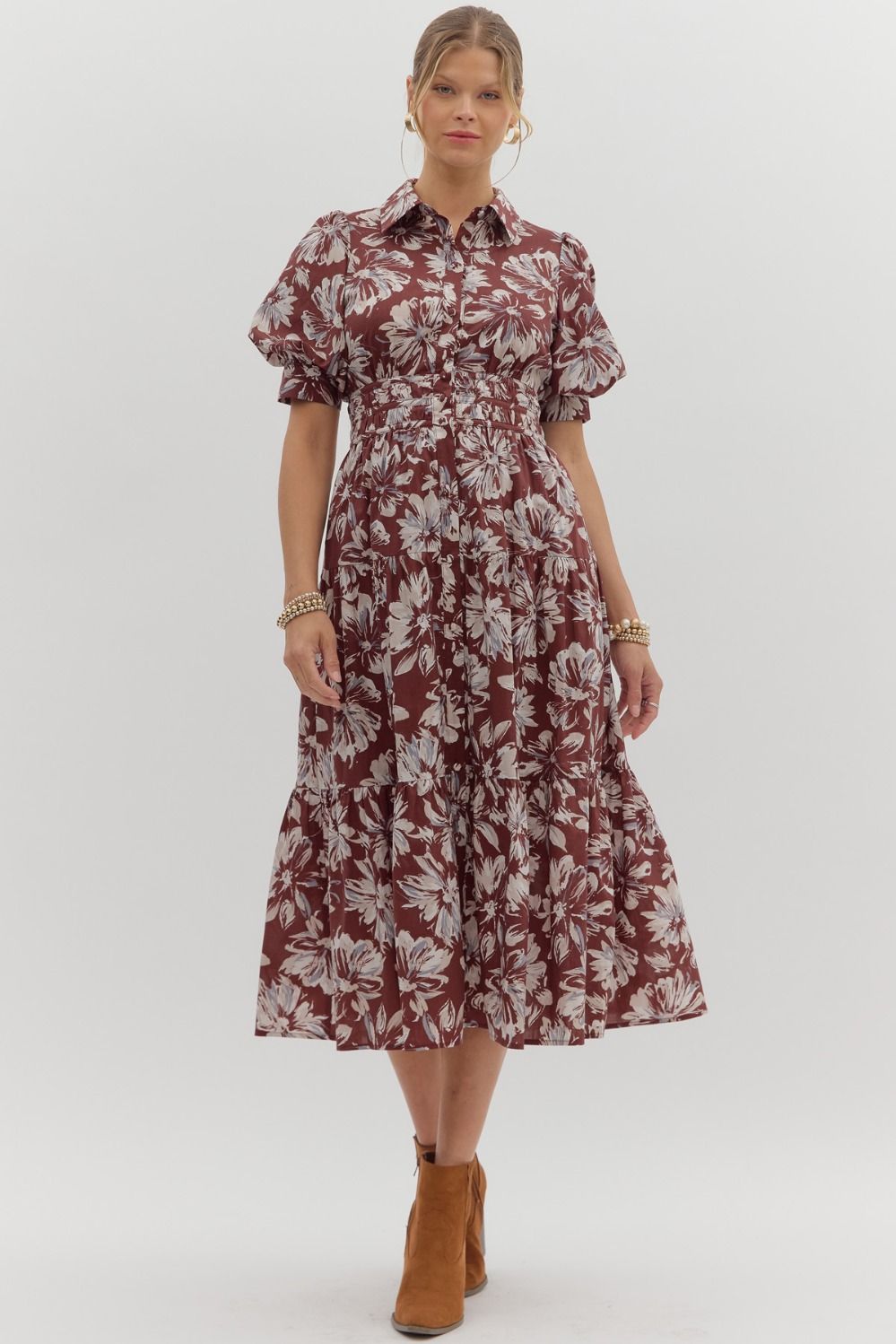 ENTRO INC Women's Dresses Floral Pattern Cuff Band Short Puff Sleeve Midi Dress || David's Clothing