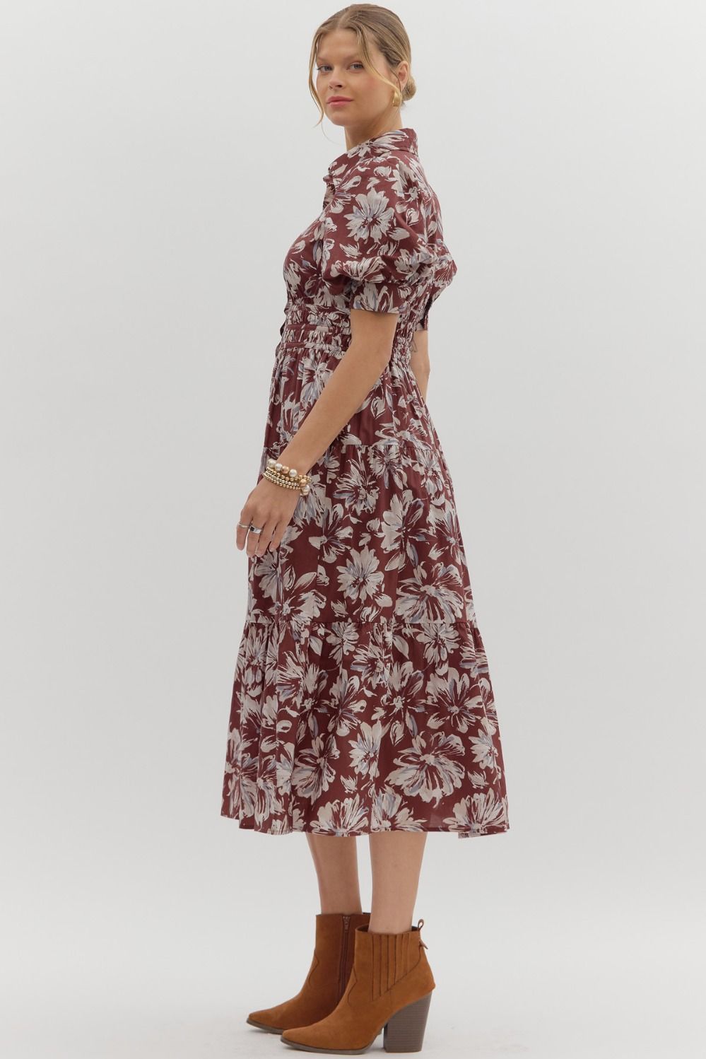 ENTRO INC Women's Dresses Floral Pattern Cuff Band Short Puff Sleeve Midi Dress || David's Clothing