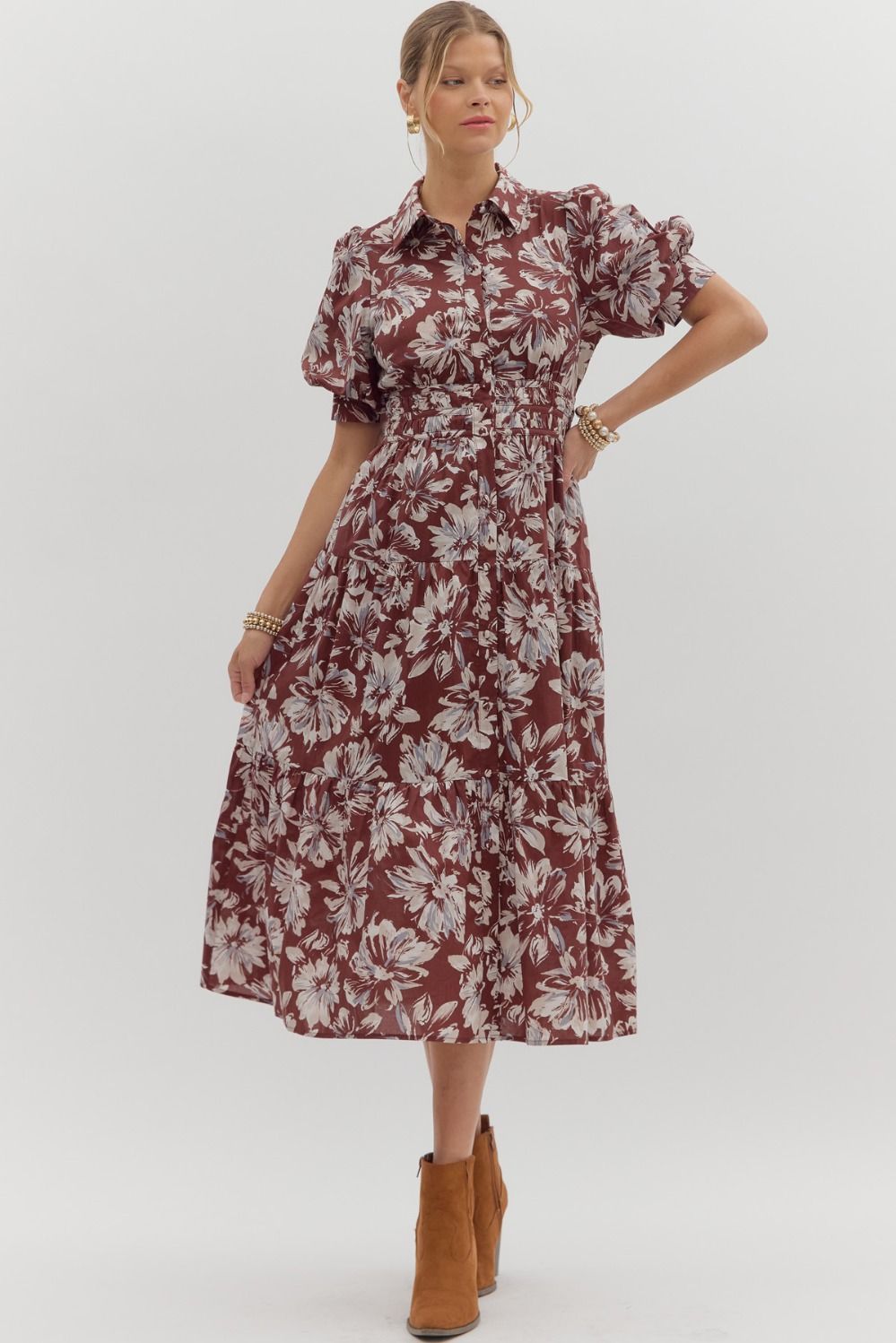 ENTRO INC Women's Dresses Floral Pattern Cuff Band Short Puff Sleeve Midi Dress || David's Clothing