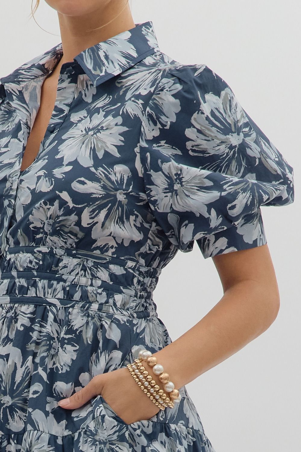 ENTRO INC Women's Dresses Floral Pattern Cuff Band Short Puff Sleeve Midi Dress