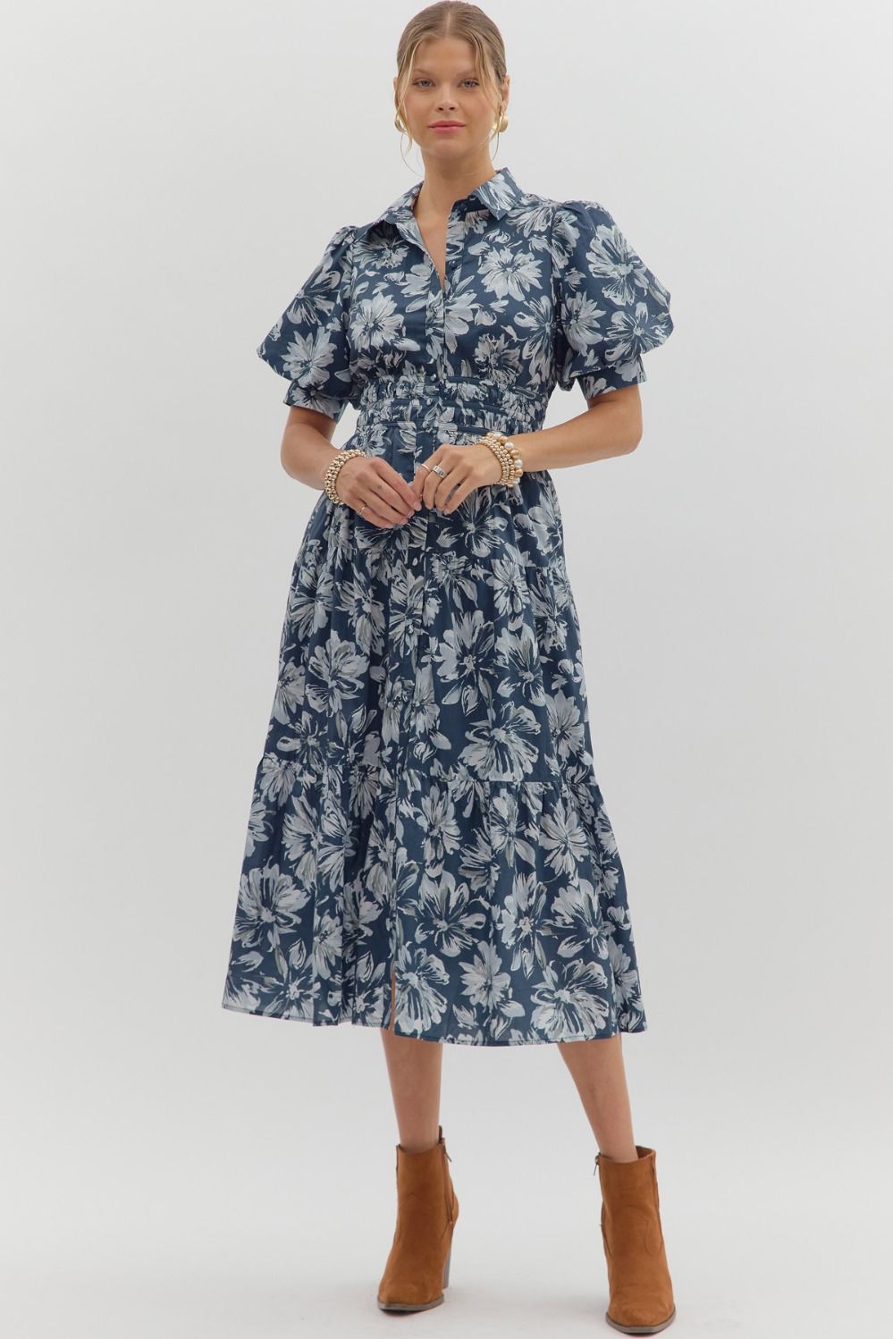 ENTRO INC Women's Dresses Floral Pattern Cuff Band Short Puff Sleeve Midi Dress