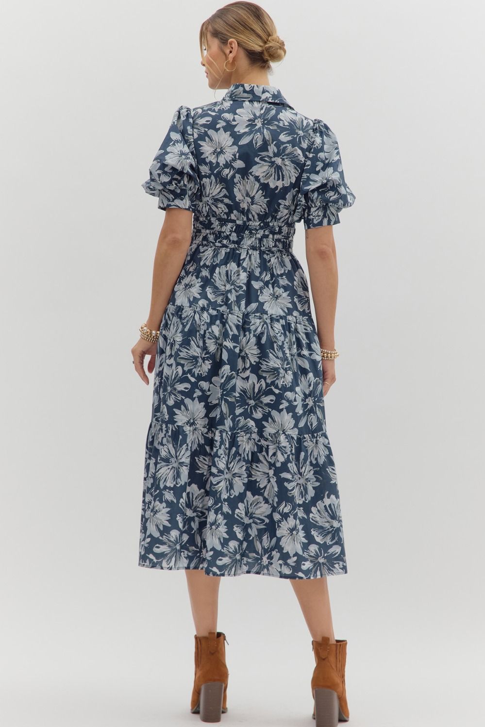 ENTRO INC Women's Dresses Floral Pattern Cuff Band Short Puff Sleeve Midi Dress