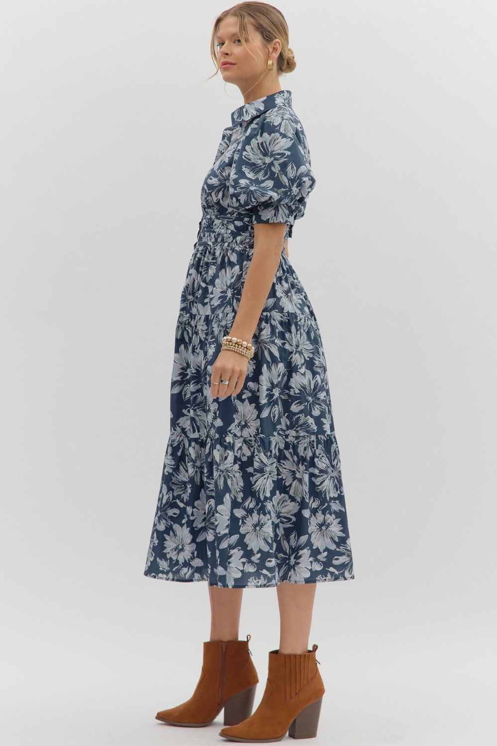 ENTRO INC Women's Dresses Floral Pattern Cuff Band Short Puff Sleeve Midi Dress