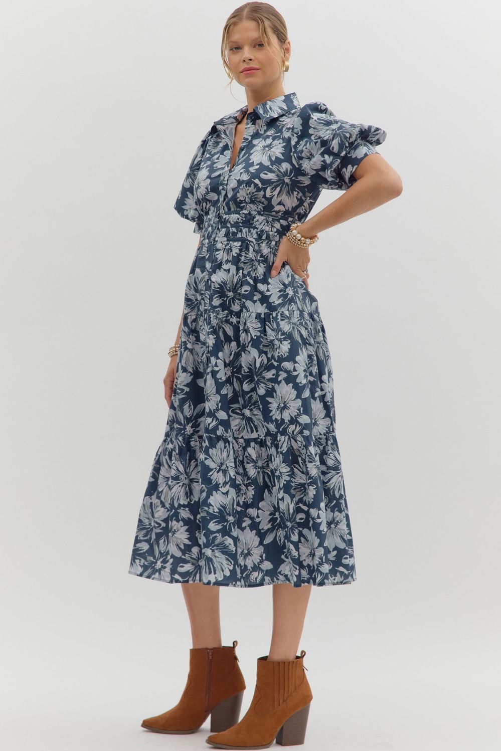 ENTRO INC Women's Dresses Floral Pattern Cuff Band Short Puff Sleeve Midi Dress