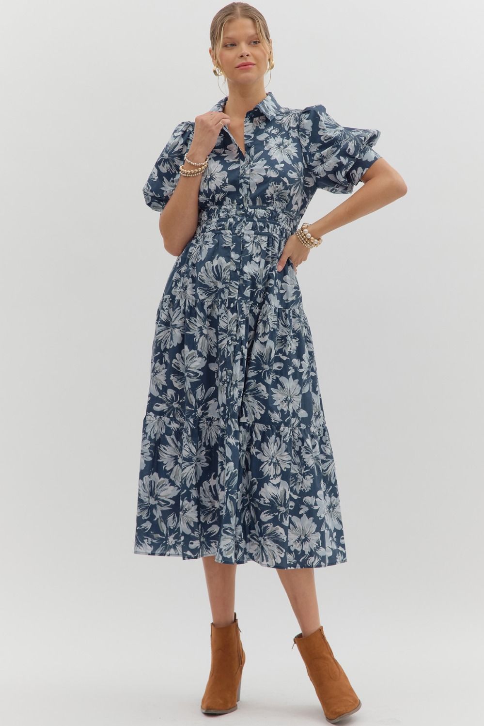 ENTRO INC Women's Dresses Floral Pattern Cuff Band Short Puff Sleeve Midi Dress