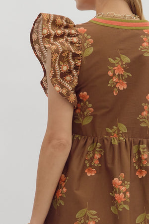 ENTRO INC Women's Dresses Floral Print Framed Flutter Sleeve Midi Dress
