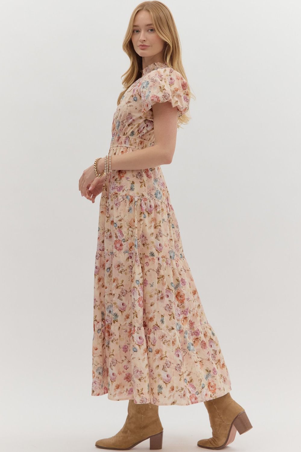 ENTRO INC Women's Dresses Floral Print Short Bubble Puff Sleeve Midi Tiered Dress || David's Clothing