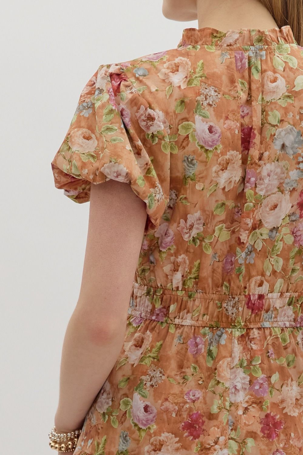 ENTRO INC Women's Dresses Floral Print Short Bubble Puff Sleeve Midi Tiered Dress || David's Clothing