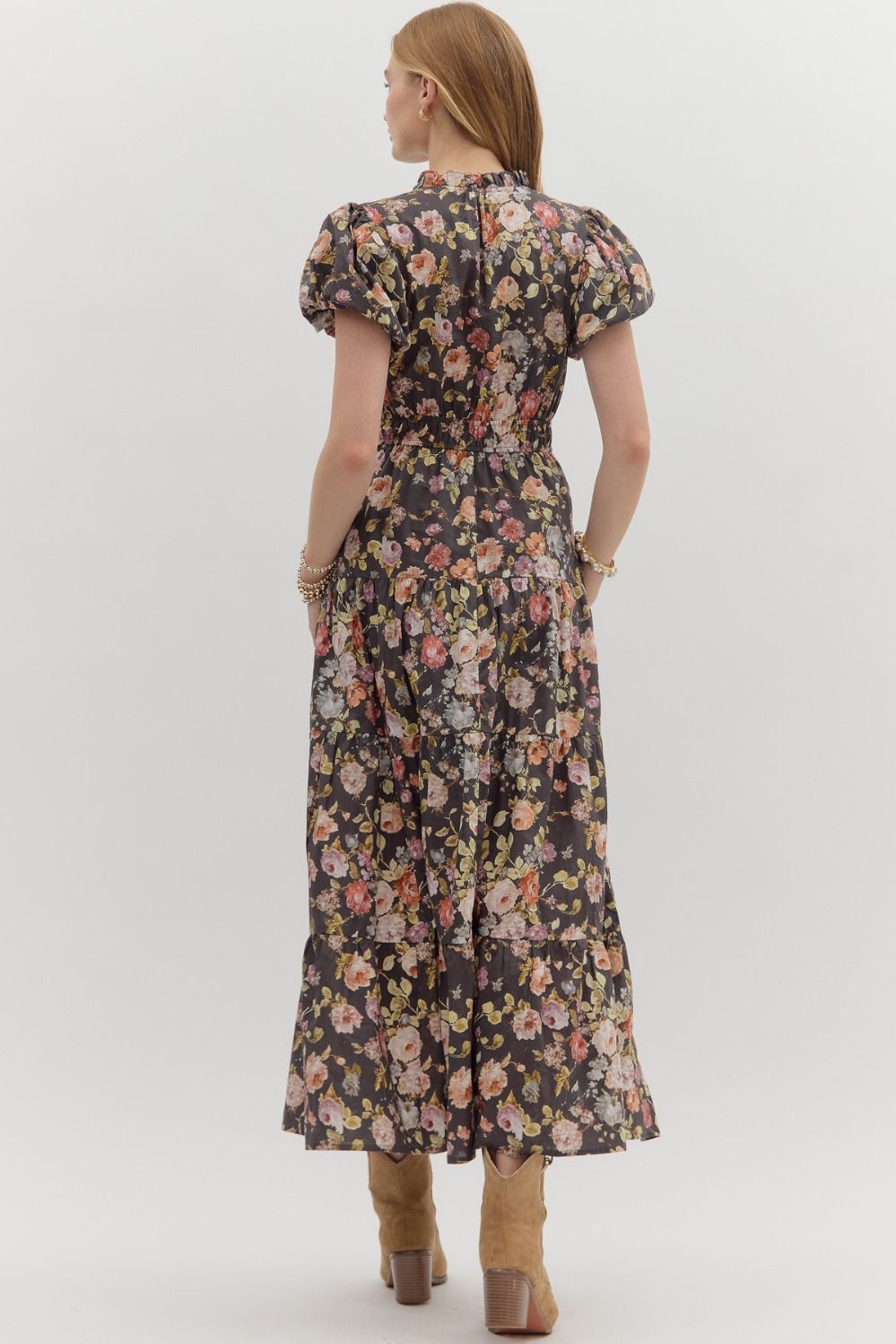 ENTRO INC Women's Dresses Floral Print Short Bubble Puff Sleeve Midi Tiered Dress || David's Clothing