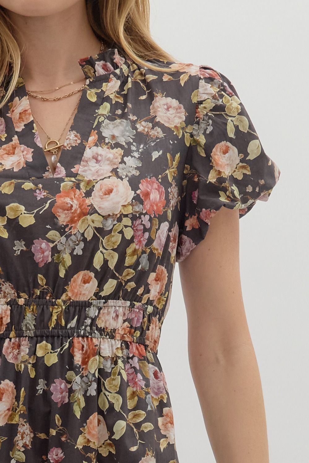 ENTRO INC Women's Dresses Floral Print Short Bubble Puff Sleeve Midi Tiered Dress || David's Clothing