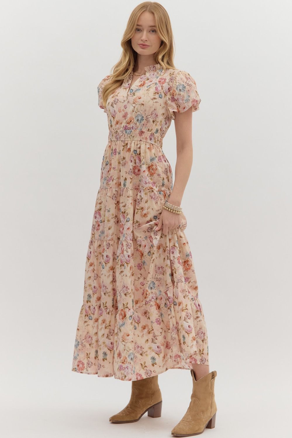 ENTRO INC Women's Dresses Floral Print Short Bubble Puff Sleeve Midi Tiered Dress || David's Clothing