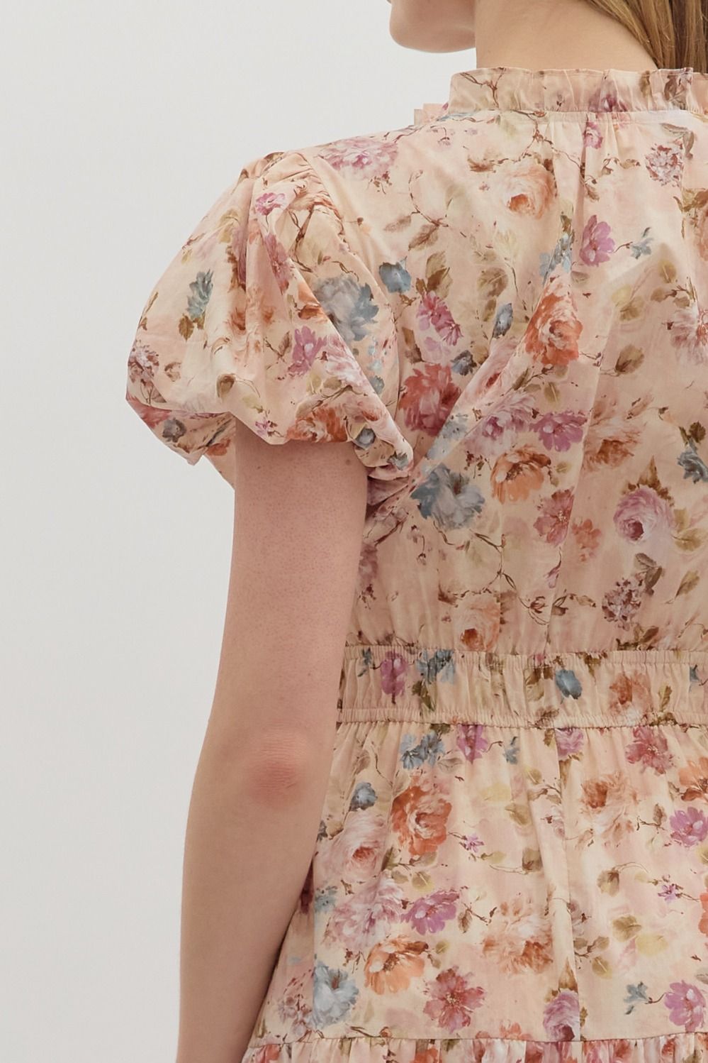 ENTRO INC Women's Dresses Floral Print Short Bubble Puff Sleeve Midi Tiered Dress || David's Clothing