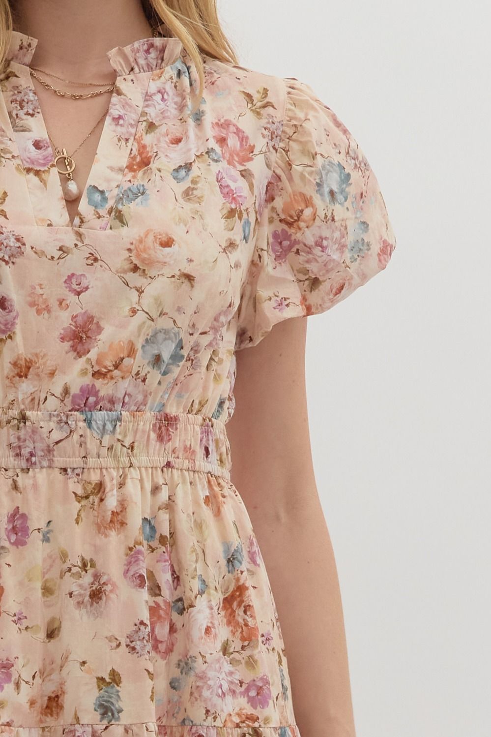 ENTRO INC Women's Dresses Floral Print Short Bubble Puff Sleeve Midi Tiered Dress || David's Clothing