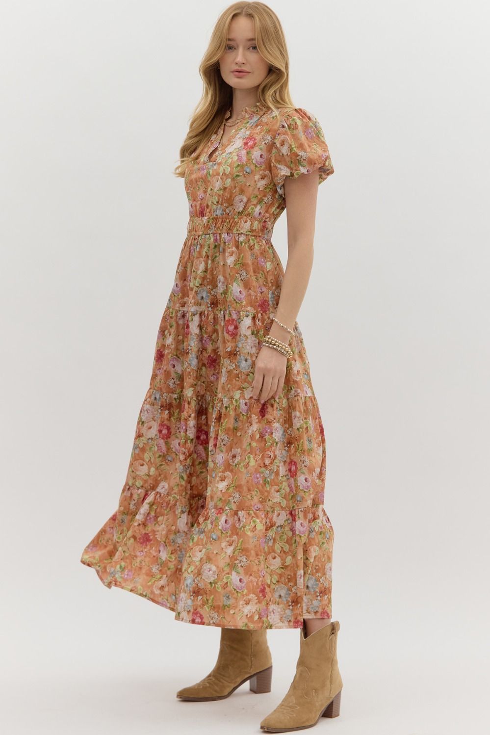 ENTRO INC Women's Dresses Floral Print Short Bubble Puff Sleeve Midi Tiered Dress || David's Clothing