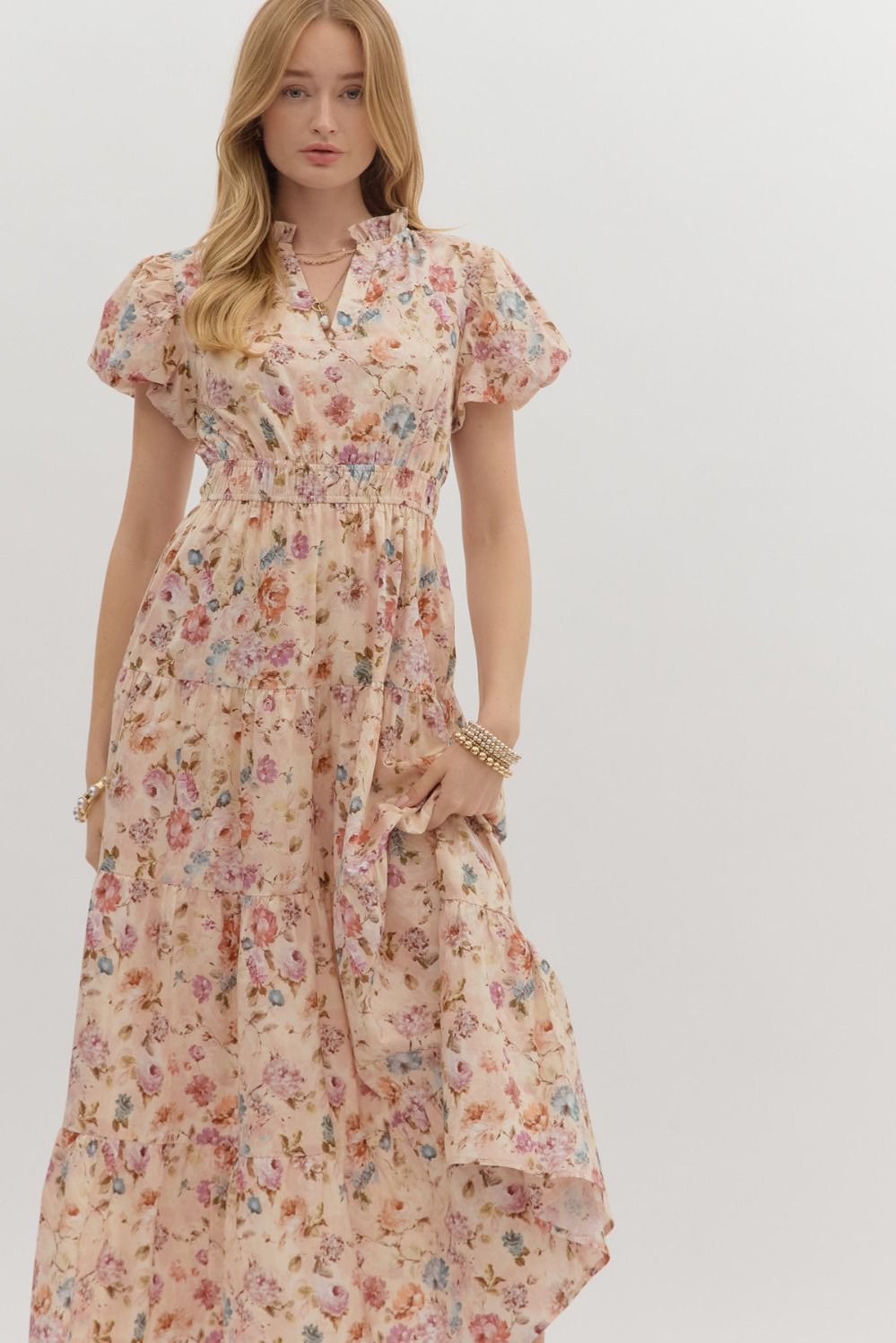 ENTRO INC Women's Dresses Floral Print Short Bubble Puff Sleeve Midi Tiered Dress || David's Clothing