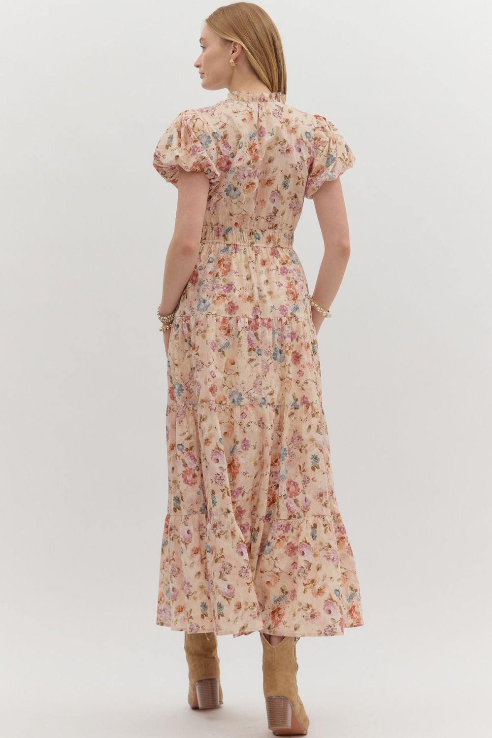 ENTRO INC Women's Dresses Floral Print Short Bubble Puff Sleeve Midi Tiered Dress || David's Clothing