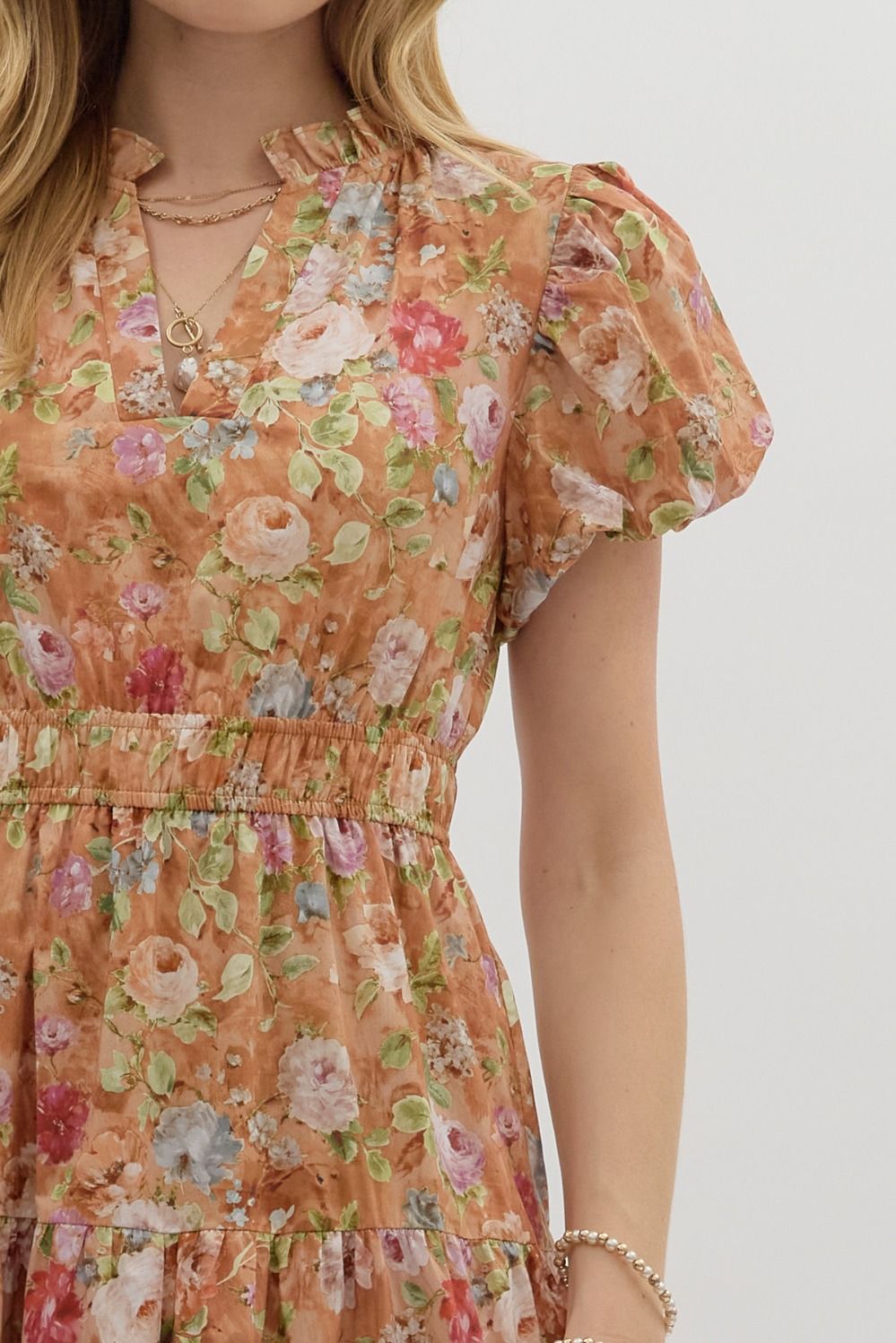 ENTRO INC Women's Dresses Floral Print Short Bubble Puff Sleeve Midi Tiered Dress || David's Clothing