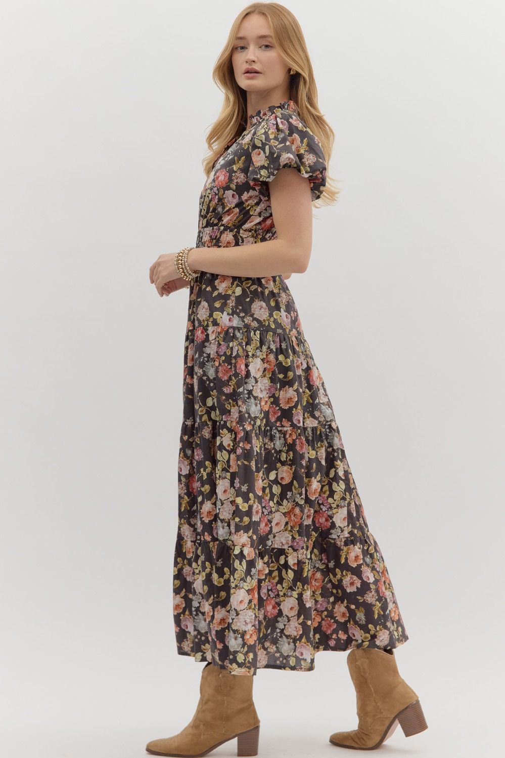 ENTRO INC Women's Dresses Floral Print Short Bubble Puff Sleeve Midi Tiered Dress || David's Clothing