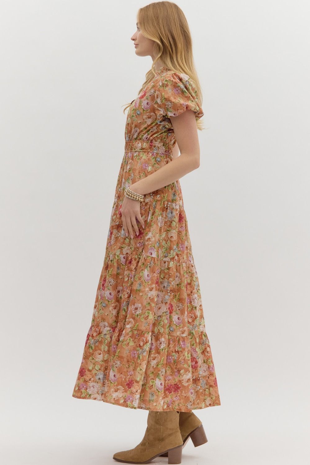 ENTRO INC Women's Dresses Floral Print Short Bubble Puff Sleeve Midi Tiered Dress || David's Clothing