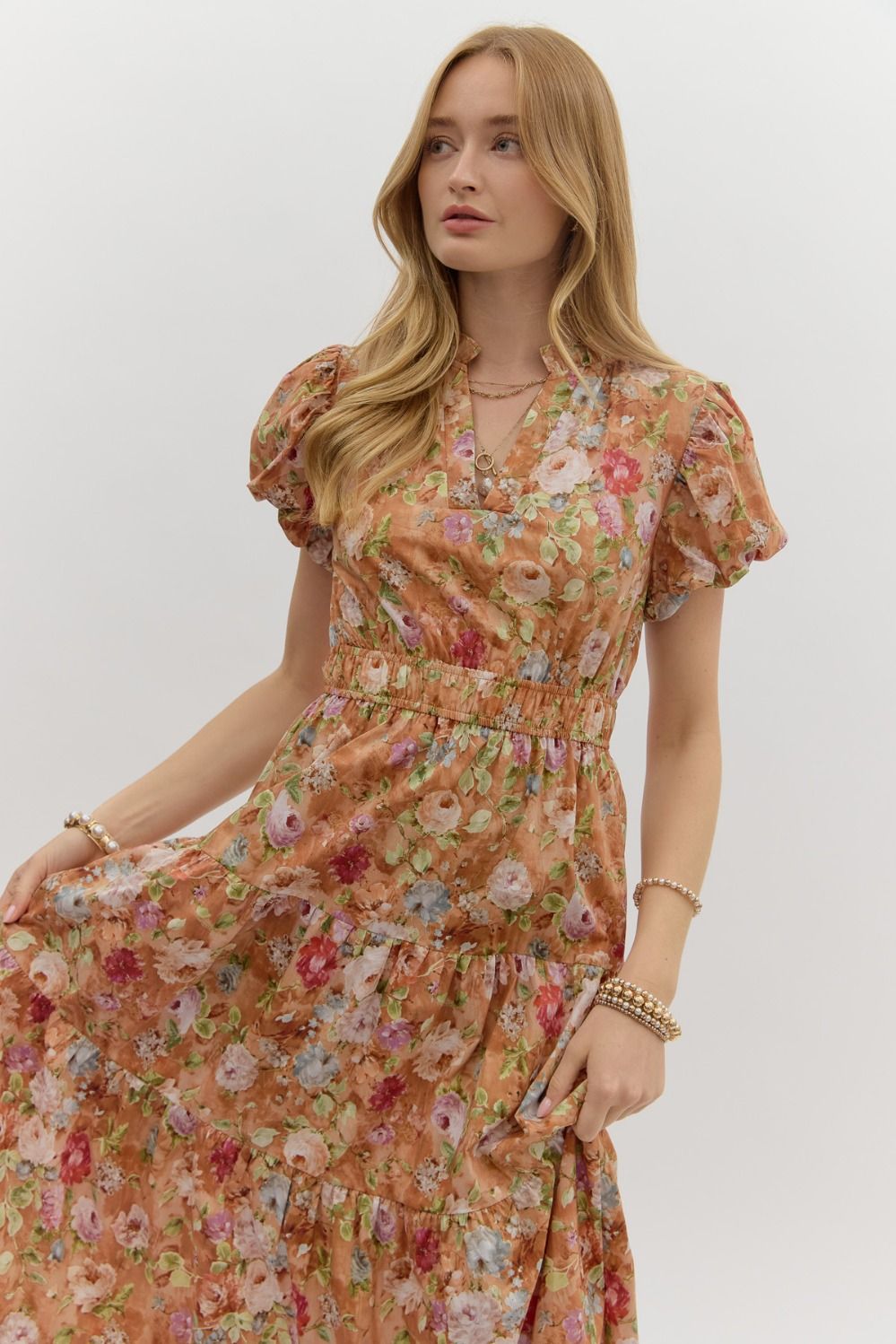 ENTRO INC Women's Dresses Floral Print Short Bubble Puff Sleeve Midi Tiered Dress || David's Clothing