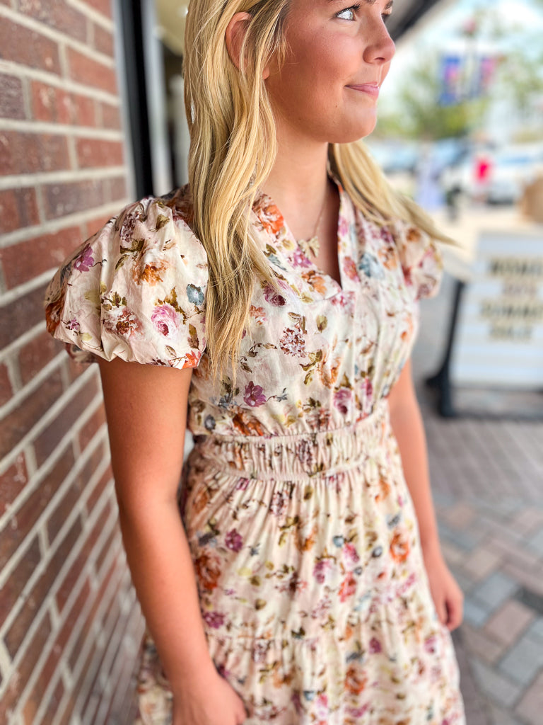 ENTRO INC Women's Dresses Floral Print Short Bubble Puff Sleeve Midi Tiered Dress || David's Clothing