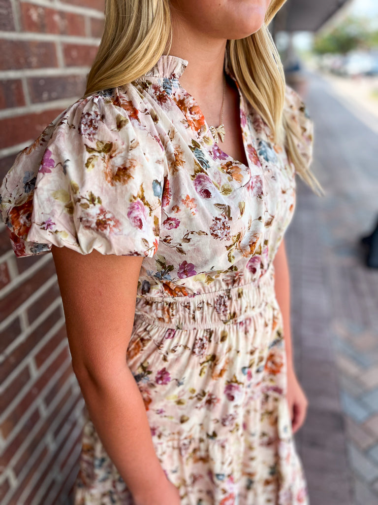 ENTRO INC Women's Dresses Floral Print Short Bubble Puff Sleeve Midi Tiered Dress || David's Clothing