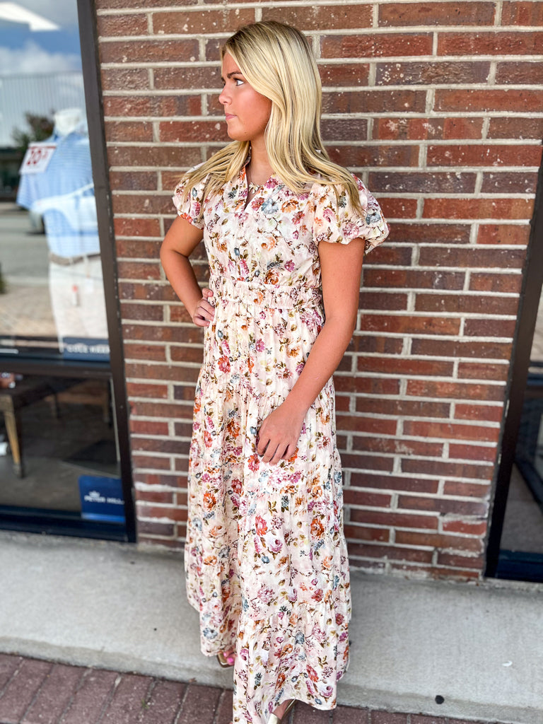 ENTRO INC Women's Dresses Floral Print Short Bubble Puff Sleeve Midi Tiered Dress || David's Clothing