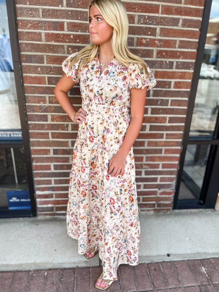 ENTRO INC Women's Dresses Floral Print Short Bubble Puff Sleeve Midi Tiered Dress || David's Clothing